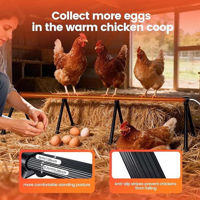 Heated Chicken Perch for Winter Thermo Heated Roosting Bar for Chickens Adjustable Temperature Heated Perch for Chicken Prevents Frozen Toes, Overheat Protection Chick Warm Coop Accessories