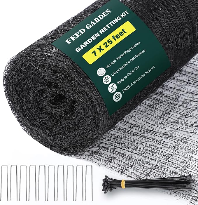 FEED GARDEN Heavy Duty Deer Netting Garden Netting - 7x25ft UV-Protected Garden Fence with 3/4" Fine Mesh - Includes 10 Stakes & 50 Zip Ties for Easy Installation