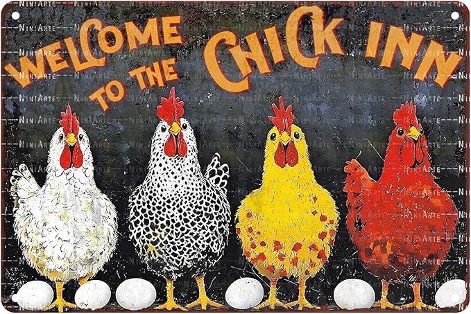 Funny Chicken Tin Sign Welcome To The Chick Inn Vintage Sign Metal Farm Sign for Garden Farm Chicken Coop Decor 8X12Inch