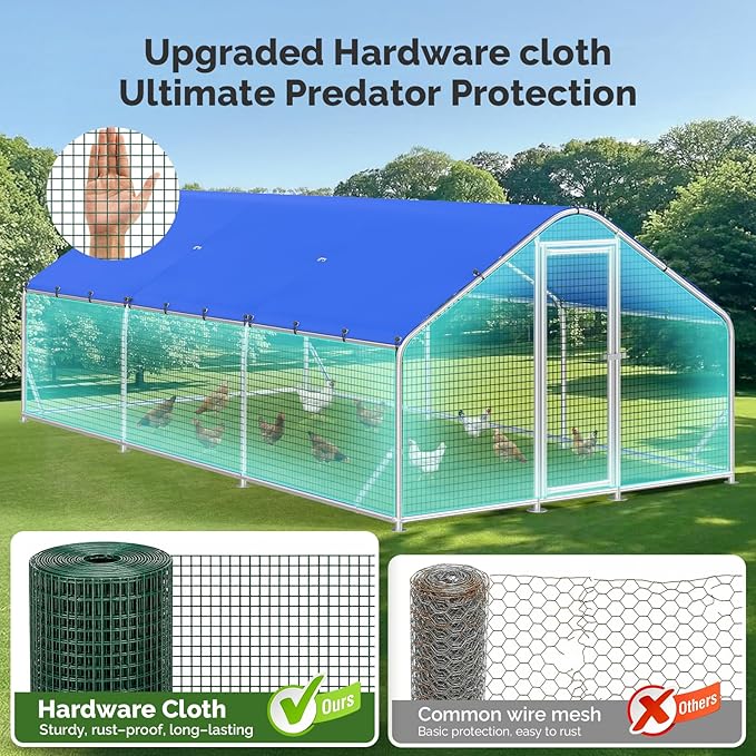 Sino Luban Metal Large Chicken Coop Run with Small Mesh Hardware Cloth for 30 Chickens/Ducks, Chicken Runs for Yard with Waterproof Cover, Chicken Enclosure Pen Outdoor, Walk-in Poultry Cage