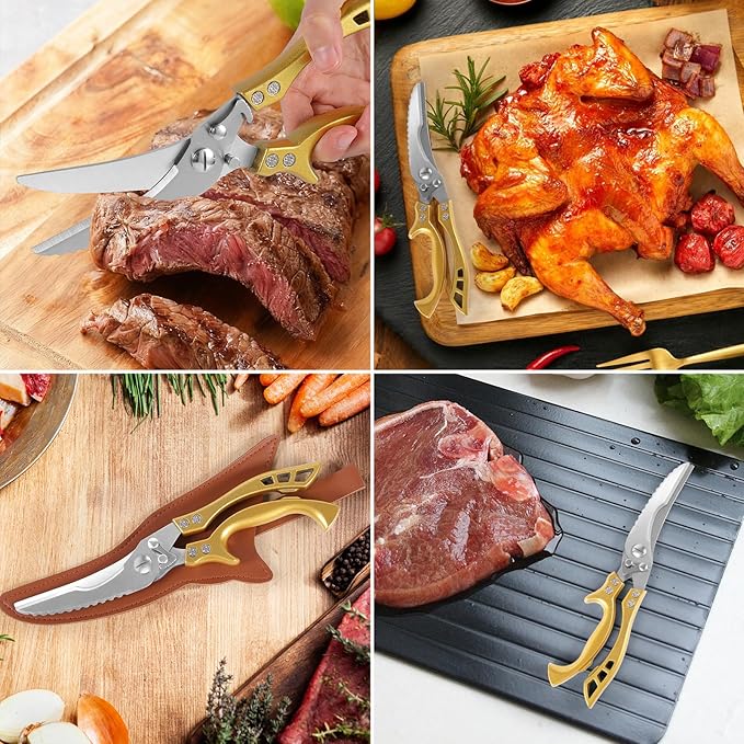 ANDONG Heavy Duty Kitchen Poultry Shears with Serrated Edge, Spring Loaded Kitchen Scissors, Professional Chicken Shears, Gold