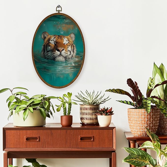 WULQYING Boho Funny Tiger Wall Art Decor, Fantastic Wild Animal Oval Framed Canvas Art Prints, Whimsical Tiger Sleeping in Water Wall Hanging Decor for Home Bedroom Living Room, 8.6x11.4 Inches