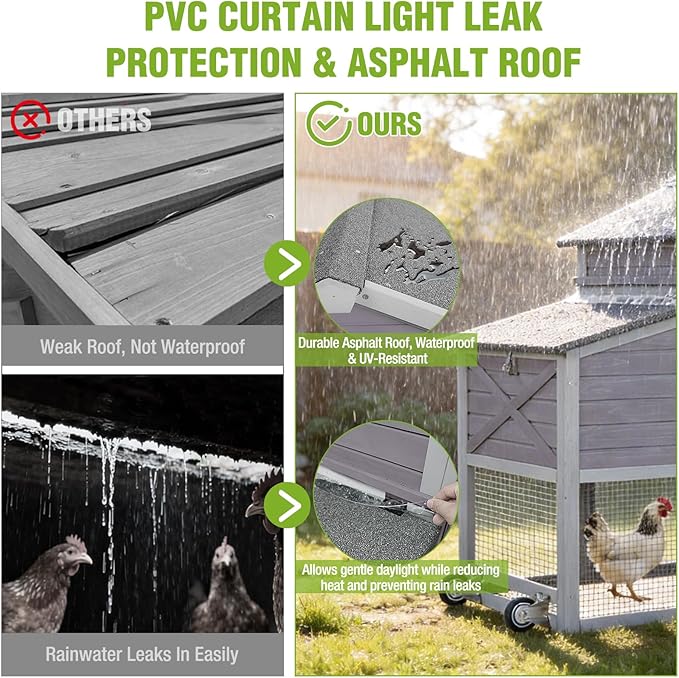 GUTINNEEN Chicken Coop with Wheels for 2-4 Chickens, Large Wooden Outdoor Hen House with Run, Waterproof & UV-Resistant Roof, Removable Leakproof Tray and Divided Nesting Box– Grey