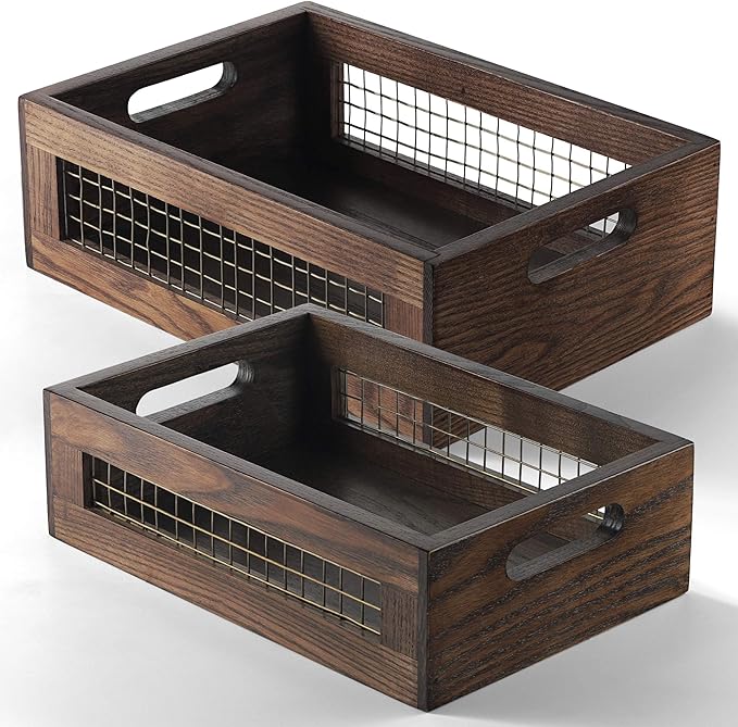 Wooden Countertop Baskets Set of 2 for Kitchen, Pantry|Wall Mount Upgrade with Full Accessories| Rustic Nesting Boxes|Wooden Organizer Crates for Vegetables, Produce, Bread