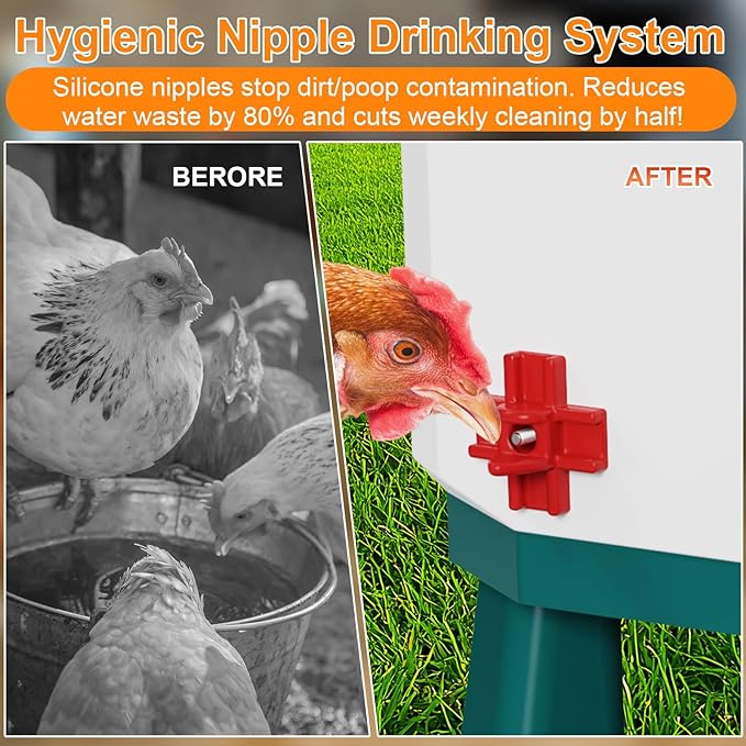Heated Chicken Waterer 3.2 Gallon, Winter Water Heater, Freeze Proof Chicken Waterer, 4 Nipples for Clean Water，Detachable Legs, Adjustable Height for Chickens, Pigeons, Beaked Poultry
