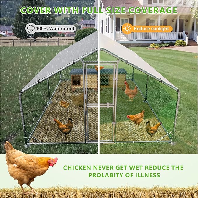 Large Walk-in Metal Chicken Coop, 10×26 FT Chicken Run with UV Cover, Split Feeding Door & Roosting Perch, for 30–40 Chickens