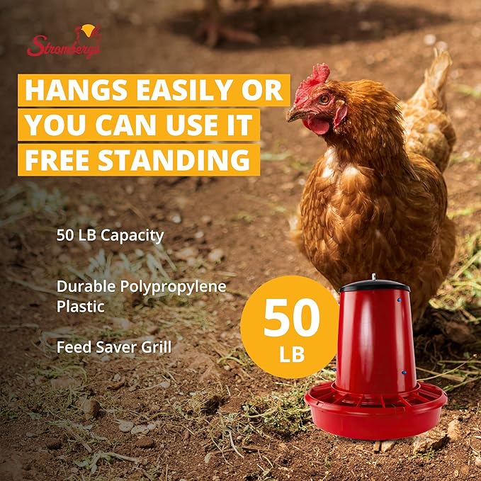 Stromberg's 50 lb Capacity Hanging Feed Saver Feeder, Large Capacity Durable Feeder with Feed Saver Grill, Perfect for Poultry, Durable Polypropylene Plastic, 22" W x 24" H, Trough 4.5" High