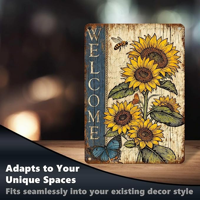 Vintage Sunflower Tin Sign Welcome Retro Garden Metal Sign Rustic Nostalgic Wall Decor For Home Garden Plaque Yard Bar Farmhouse Porch Living Room Cafe Kitchen 16 * 12 In