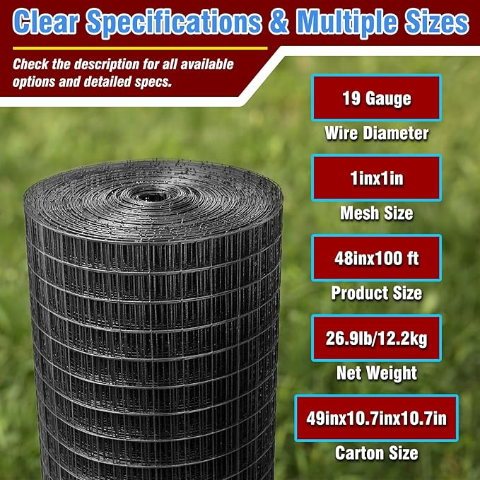 Black Hardware Cloth 1inx48inx100ft, 17GA, Chicken Wire Fencing Roll, Black Chicken Wire Mesh, Vinyl PVC Coated Welded Wire Mesh for Chicken Coop Barrier, Rabbit Snake Poultry Fences