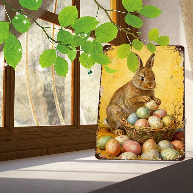 YoyaVex Easter Bunny Metal Sign Vintage Farmhouse Decorative Eggs Rustic Wall Art For Home Cafe Restaurant Garage Patio Garden Decor 12X16Inch