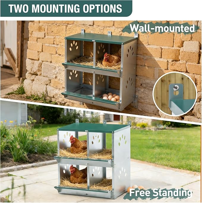 4 Compartment Metal Chicken Nesting Box, Roll Out Hen Laying Box for Easy Egg Collection, Wall Mount Poultry Nest Box for Backyard Chickens, Green, 22.05" L x 16.92" W x 25.59" H