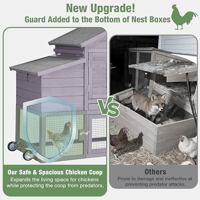 Mobile Chicken Coop with Run, Large Outdoor Wooden Poultry Cage Hen House with Wheels, Nesting Box, Pull-Out Tray, Waterproof Roof, Grey, 72.3" L x 26" W x 39.4" H, for 3-5 Chickens