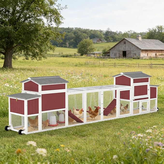 Chicken Coop Mobile Wooden Hen House with Nesting Box,83.2" L Outdoor Chicken House with 2 Wheels and Removable Tray,Fir Wood Chicken Tractor with 6 Ventilation Door and 1 Ramp,Red