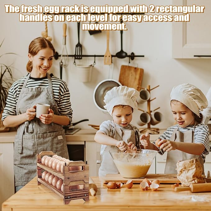 Maxcheck 6-Tier Stackable Wooden Egg Holder, Large Capacity for 72 Eggs, Countertop Storage Rack with Handles for Kitchen Organization and Fridge, Farmhouse Easter Egg Display