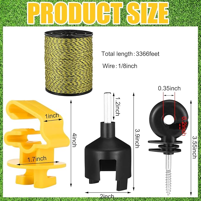 Kanayu 52 Pcs Electric Fence Kit Include 3366 ft Poly Wire 25 Black Fence Ring Insulators 25 Yellow T Post Insulators Socket Tool for Pet Animal Horse Cattle Livestock Pasture