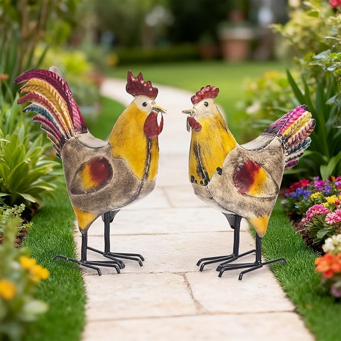 MODE HOME Set of 2 Rustic Metal Rooster & Hen Figurines, Hand-Painted Farmhouse Chicken Decor, Waterproof Indoor Outdoor Yard Garden Statues for Kitchen, Patio & Home Decor