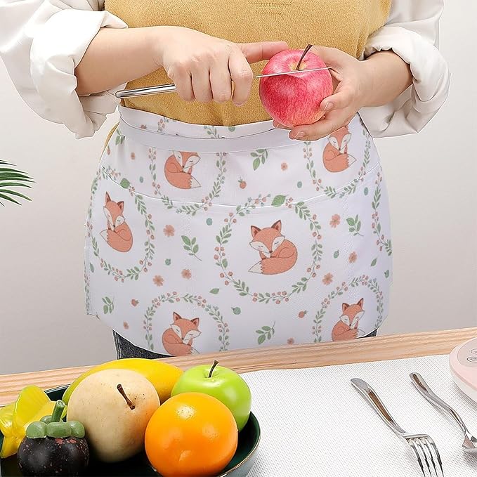Unisex Chef Waiter Apron Waist Half Short Serving Aprons with 3 Pockets