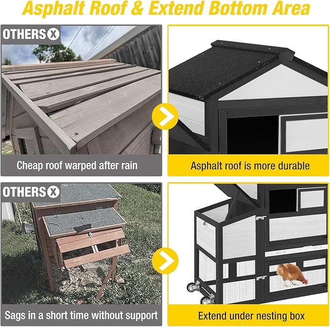 Aivituvin Chicken Coop Expandable Mobile Chicken House for Outdoor with Wheels, Nesting Box, Leakproof Pull-on Tray and UV-Resistant Roof Panel (Black&White)
