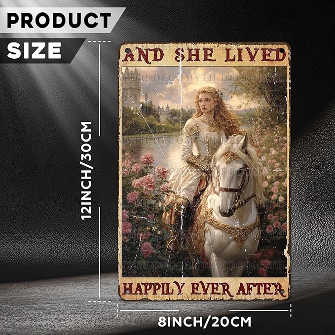 Vintage Horse Tin Sign And She Lived Happily Ever After Retro Girl Metal Poster Funny Pet Lovers Wall Art Cafe Wall Decor for Kitchen Office Garden Plaque Home Bar Plub Club Shop 12 * 8inch