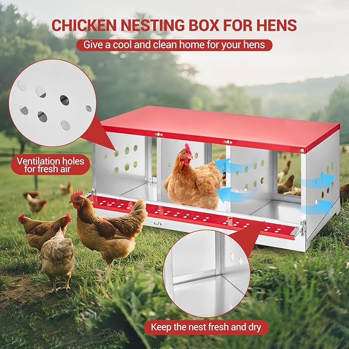 Metal Chicken Nesting Boxes - 3 Hole Wall-Mountable Laying Boxes with Roll-Away Egg Collection, Weatherproof Galvanized Steel, for Chicken Coop, Red