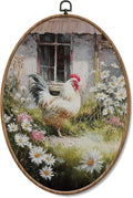 Yorhifa Vintage Farmhouse Rooster Framed Wall Art, Rustic Cottagecore Chicken Oval Wall Art, Country Daisy Floral Oval Walls Decor, Countryside Farm Animal Canvas Artwork Hanging Decor, 8.5x11.5in