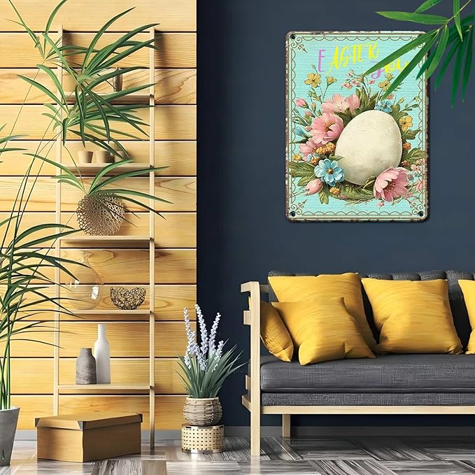 Easter Egg Retro Tin Sign Fun Metal Sign “Easter Joy” For Home Living Room Garden Yard Outdoor Wall 12X16Inch