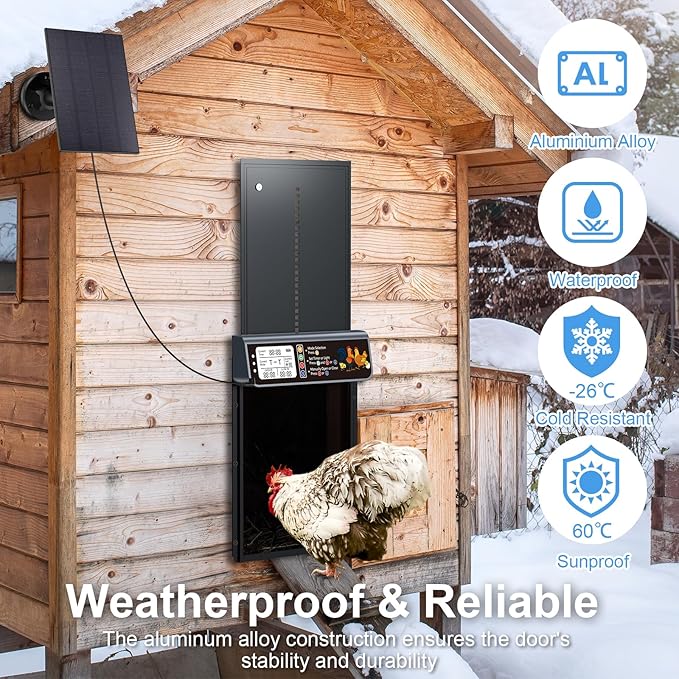 Automatic Chicken Coop Door Solar Powered, LCD Display Automatic Chicken Door with Timer & Light Sensor, Solar Chicken Coop Door with Remote Control, Anti-Pinch Function and Made of Al-Alloy