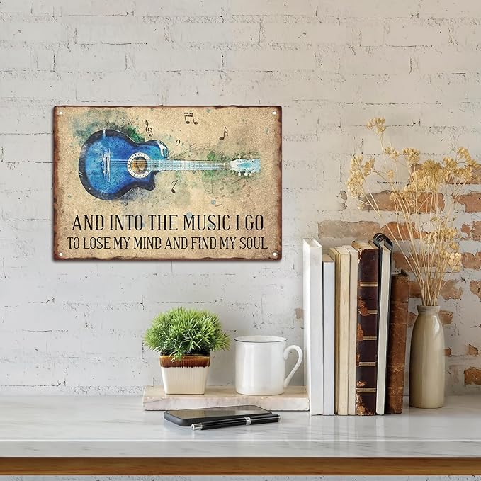 Sanwarm Metal Sign 8X12 Inch, Colorful Blue Guitar Vintage Tin Sign Wall Art Decor for Home, Living Room, Kitchen, Garden, Bedroom, Office, Hotel, Cafe And Pub Decoration