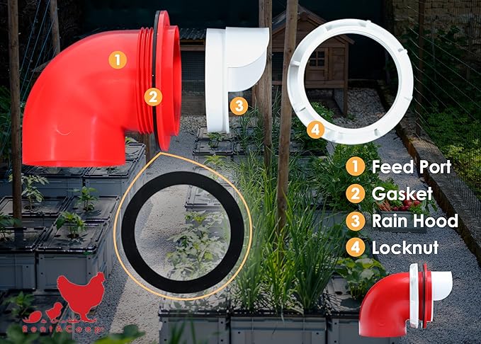 RentACoop DIY Large 4-Port Chicken Feeder Kit with Hole Saw - Includes Ports, Rain Hoods, Hole Saw, and Hardware - Suitable for Bantam Chickens, Turkeys, Ducks, Roosters, and Other Poultry