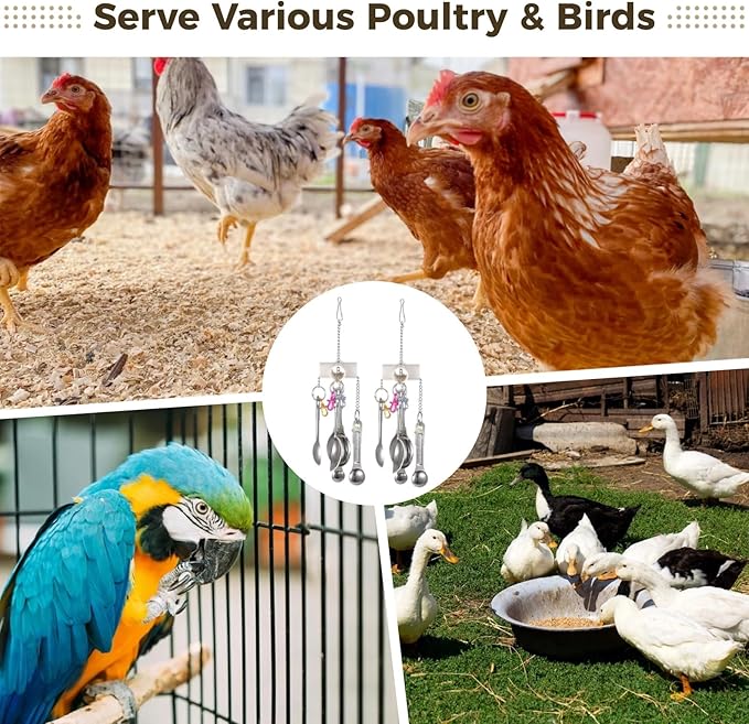 2 Pcs Chicken Enrichment Toys, Hanging Bird Toys with Metal Spoons, Colorful Chewing Foraging Toys, Poultry Coop Accessories for Chickens, Hens, Ducks, Parrots