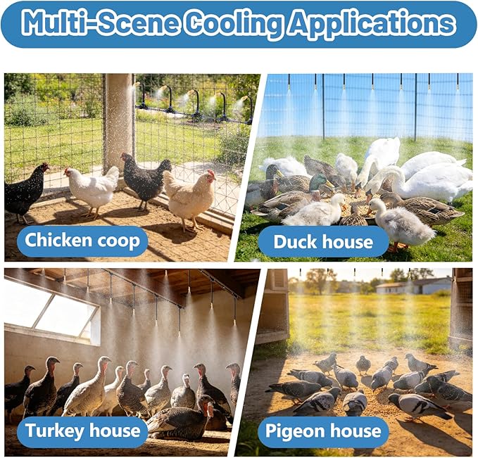 Kalolary 60FT Chicken Coop Misting Cooling System with 16 Adjustable Brass Nozzles(8mm), Complete DIY Poultry Cooling Kit with Filter Accessories, Summer Heat Relief for Coop Garden Greenhouse