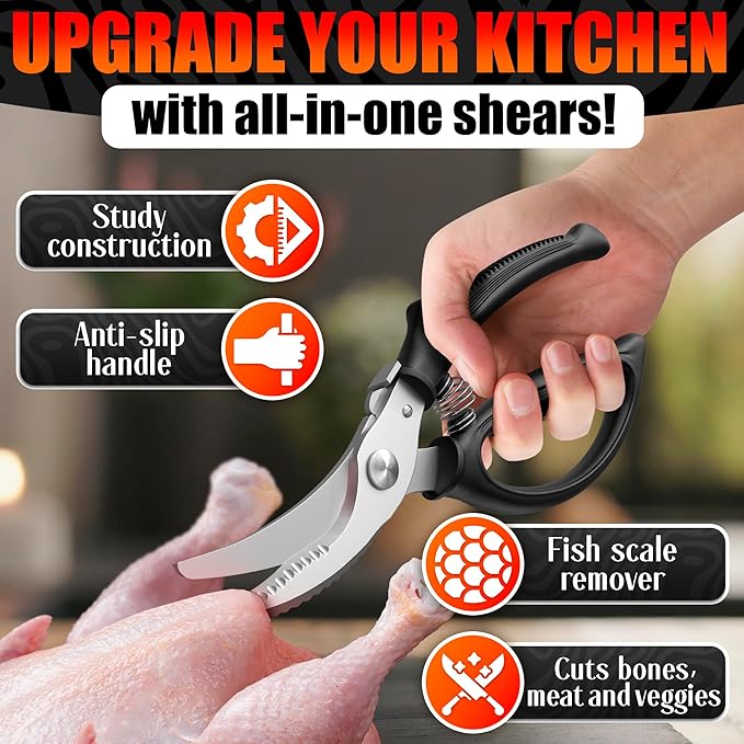 Poultry Shears Heavy Duty – Stainless Steel Chicken Shears | Meat, Vegetables, Seafood | Fish Scale Remover & Bone Scissors | Bone Cutting Scissors with Non-Slip Serrated Saw-Like Edge, Safety Lock