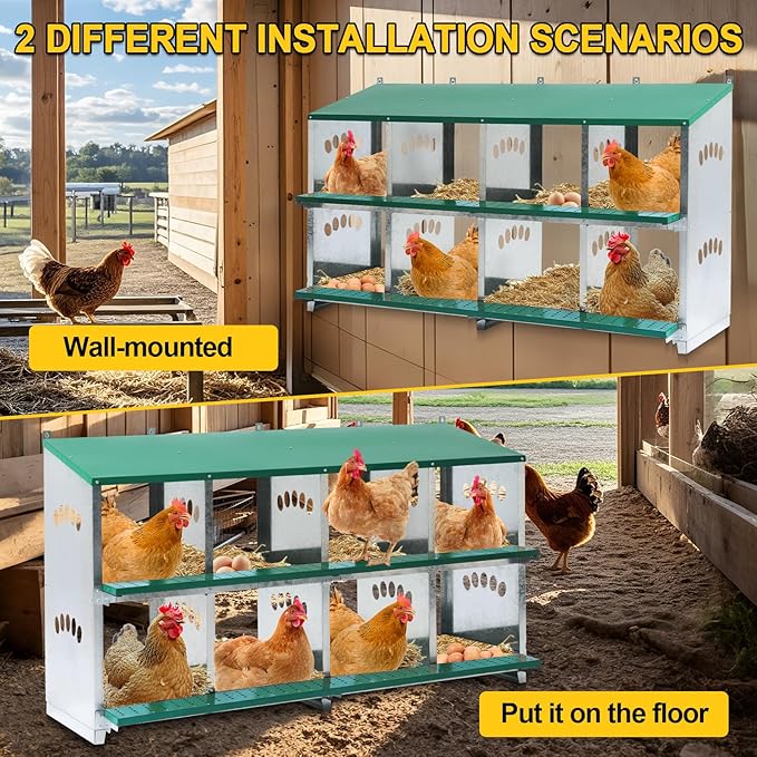 Chicken Nesting Box, 8 Compartment Metal Nesting Box, 8 Room Wall Mountable Nesting Boxes for Chicken with Swing Perch and Rollout Egg Collection