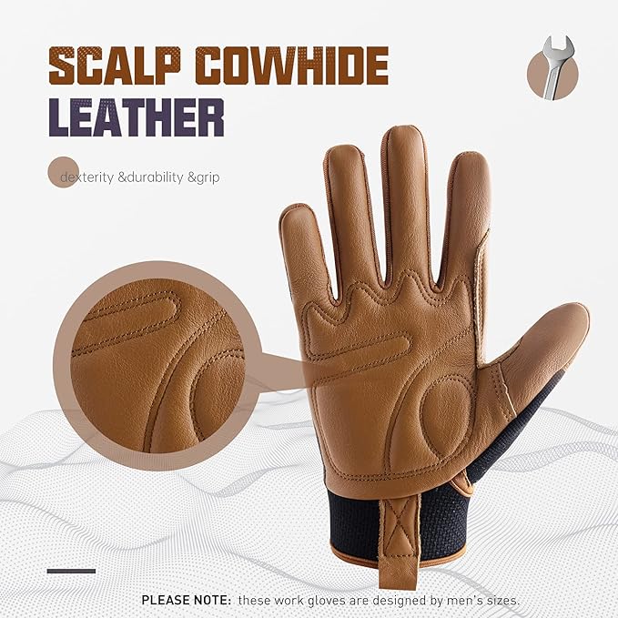 HANDLANDY Leather Work Gloves Mens & Women, Utility Safety Mechanic Working Gloves Touch Screen, Flexible Breathable Yard Work Gloves (Large, Brown-Cowhide Palm)