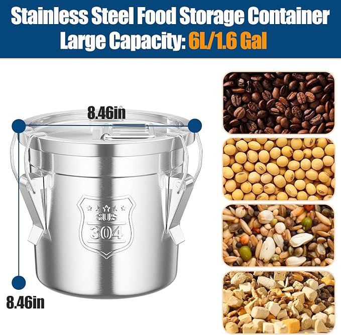 1.6Gal/6L Stainless Steel Airtight Canister, Airtight Food Storage Container with Lid and Lock Clips, 304 Stainless Steel Canister for Rice, Flour, Grain, Coffee Bean