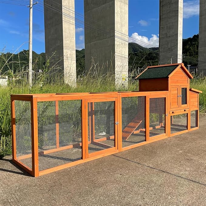 122" Large Chicken Coop Wooden Backyard Hen House - Indoor Outdoor Poultry Pet Hutch Garden Backyard Cage 2 Story Poultry Cage with Run, Chicken Nesting Box, Pull Out Trays and Anti-Slip Asphalt Ramp