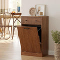 Single 10 Gallon Wood Grain Tilt-Down Trash Can Cabinet with Storage Drawer,Wood Grooved Recycling Cabinet with Wave Texture Hidden Pull-Out Trash Can for Kitchen,Bathroom (Trash Can Cabinet-Walnut)