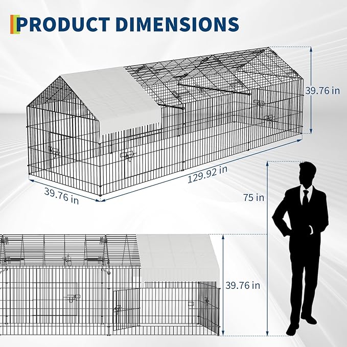 Large 130" Metal Chicken Coop Run with Waterproof Cover – Portable Outdoor Poultry Cage, Rabbit Hutch, Duck House, Pet Playpen – Easy Assembly, Secure Lock, 4-Door Design, All-Weather Enclosure