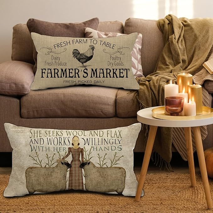 Retro Farmhouse Chicken Pillow Covers 12x20 inch Vintage Thanksgiving Day Farmer's Market Cock Poultry Goods Dairy Fresh Produce Lumbar Pillow Farm Decor Throw Cushion Case for Home Couch Pillowcase