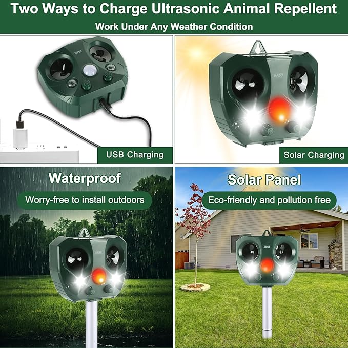 2025 Solar Ultrasonic Animal Repellent Outdoor Indoor, Waterproof Motion-Activated Deterrent Repel Deer Cat Dog Bird Rabbit Squirrels Raccoon Skunk Coyote with Flash Lights for Garden Yard Farm