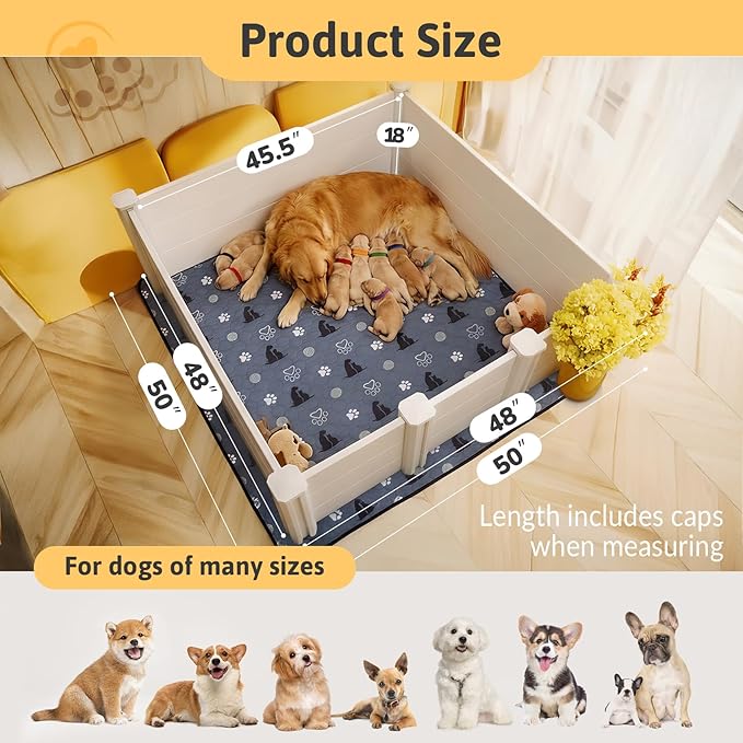Whelping Box for Dogs, Whelping Box for Puppies with Pee Pad, Puppy Collars and Growth Record Sheets, Easy-Clean & Durable Puppy Playpen, Dog Welping Supplies, 48"x48"x18", White