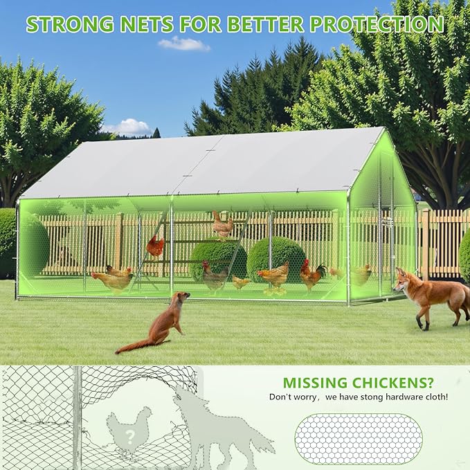 Large Chicken Coop,Metal Chicken Run for Yard with Feeding Door,Walk-in Chicken Pen for 10-20 Chickens,Outdoor Poultry Cage with Anti-UV Cover