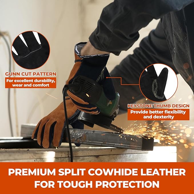 HANDLANDY Leather Work Gloves for Men and Women, Utility Tough Cowhide Glove