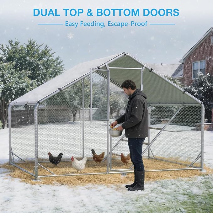 Large Metal Chicken Coop, Chicken Runs for Yard with Cover, Walk-in Chicken Run, Outdoor Chicken Pen, Heavy-Duty Galvanized Frame with Roosting Ladder,10x6.5x6.5FT