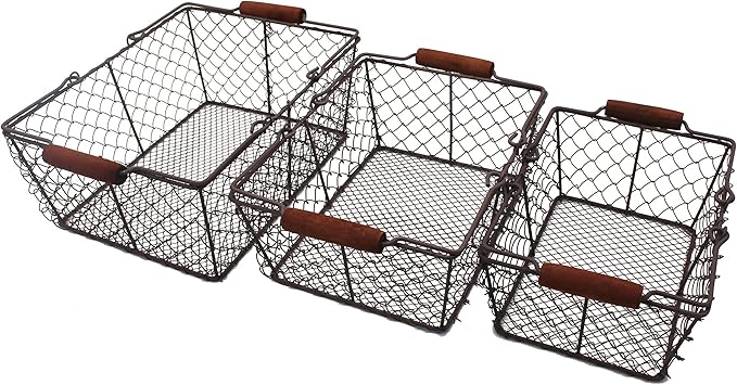 CVHOMEDECO. Primitive Chicken Wire Gathering Baskets with Wood Handle Rectangular Farmhouse Storage Baskets Set, Rusty, Set of 3