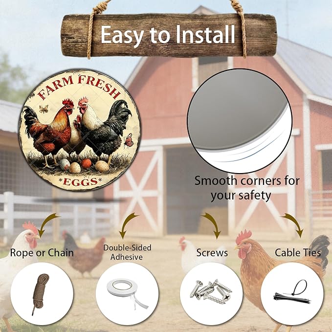 Funny Chicken Signs Farm Fresh Eggs Round Vintage Chicken Tin Sign for Coop Metal Tin Signs Poster 12 Inch