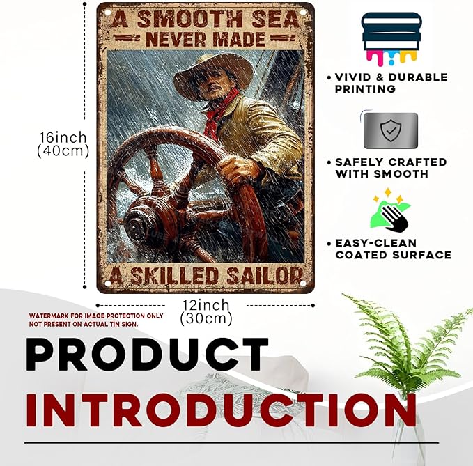 Vintage Metal Tin Sign A Smooth Sea Never Rustic Navigation Decor Metal Poster for Home Office Cafe Bar Art Wall Decor 12x16inch
