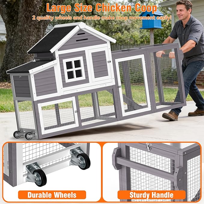 Chicken Coop for Outdoor, Mobile Poultry Cage with Wheels, Nesting Box, Weatherproof Roof and Leakproof Pull-on Tray for 4-6 Chickens, 78.7" L x 21.5" W x 43.7" H (Grey)