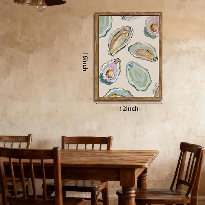 Framed Oyster Shell Canvas Wall Art, Colorful Abstract Wall Art Print, Coastal Beach House Wall Decor, Summer Dining Room Picture Poster, Modern Kitchen Oyster Oil Painting Artwork 12x16 inch
