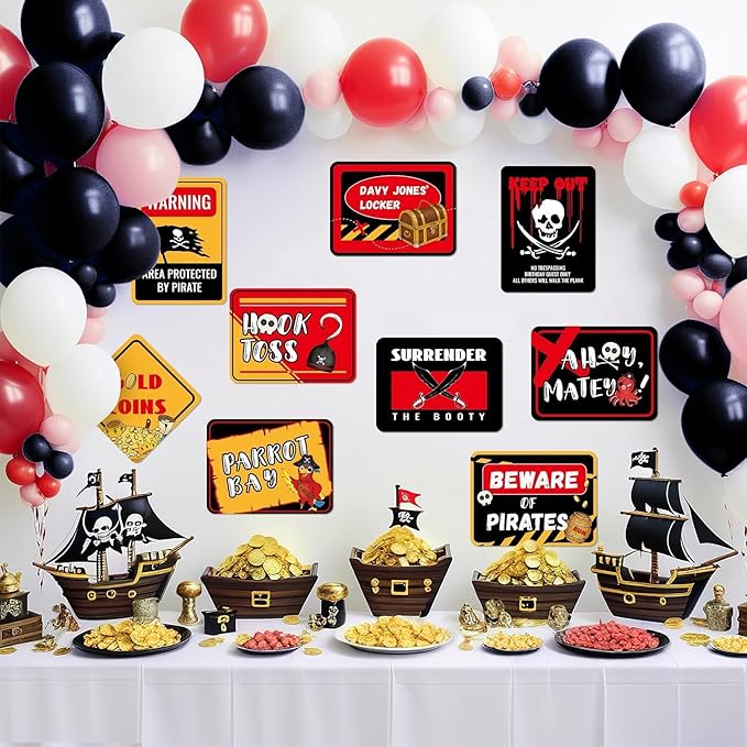 WERNNSAl Pirate Party Decorations - 9 PCS Pirate Halloween Decorations for Boys Kids Caribbean Birthday Party Supplies Funny Pirate Parrot Sign for Halloween Celebration Home Garden Yard Wall Decor
